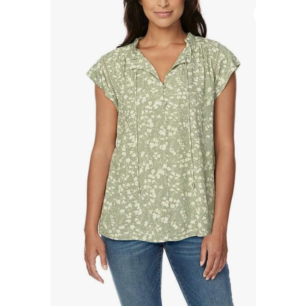 Buffalo David Bitton Womens Flutter Sleeve Floral Mint Ditsy Blouse Top Medium